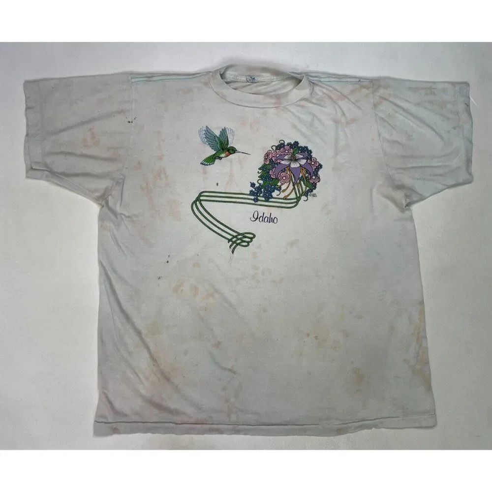 VINTAGE Idaho Flower Bird Graphic T-shirt Women Large 80s Single Stitch
